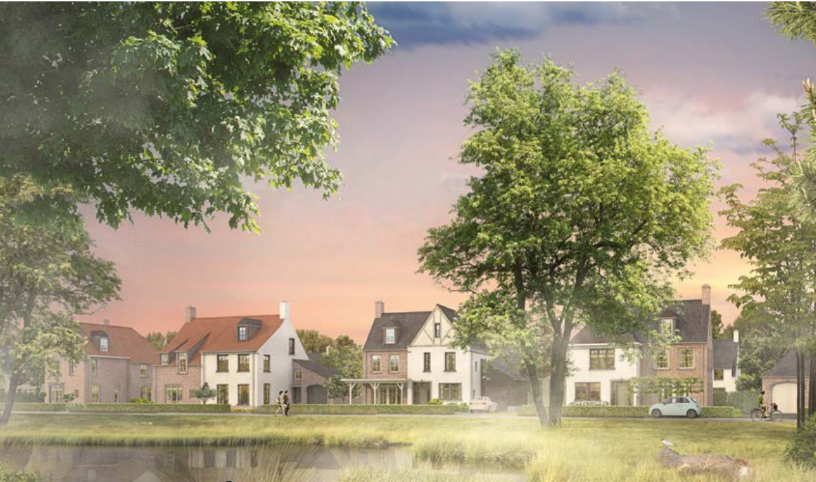 Avondsfeer met weerspiegeling bij de woningen van De Boswachterij